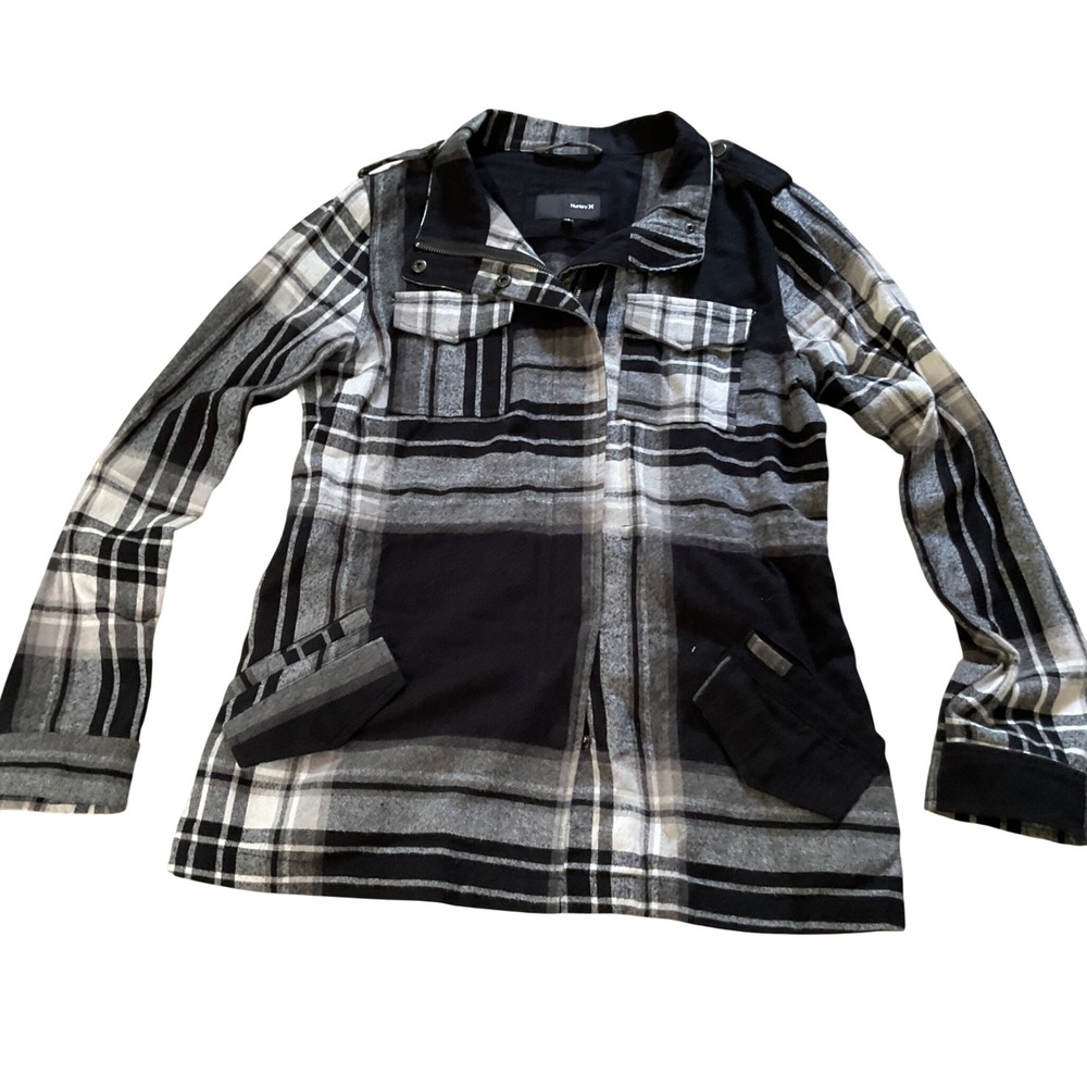 Hurley Womens Black Grey Plaid Zip Up Utility Flannel Jacket Size Medium
